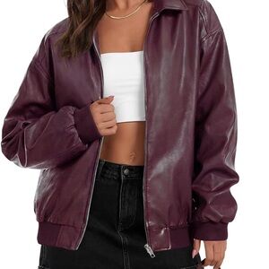 Burgundy Oversized Faux Leather Jacket